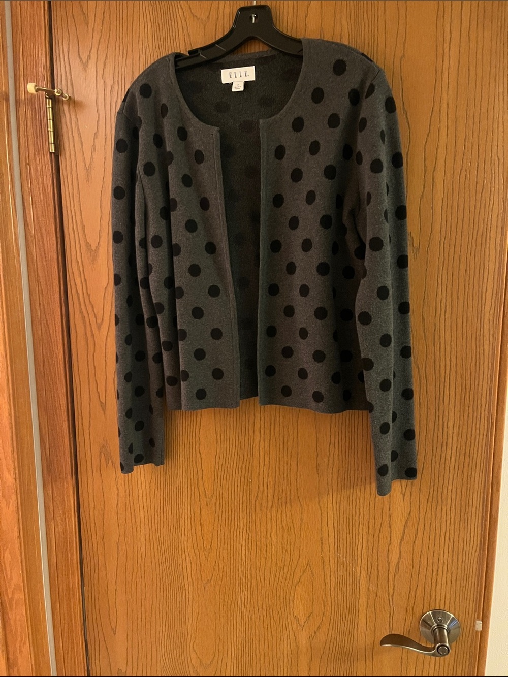 ELLE Charcoal Gray Open Cardigan with Black Polka Dots